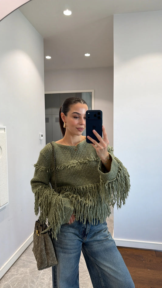 The Boho Fringe Olive Pullover