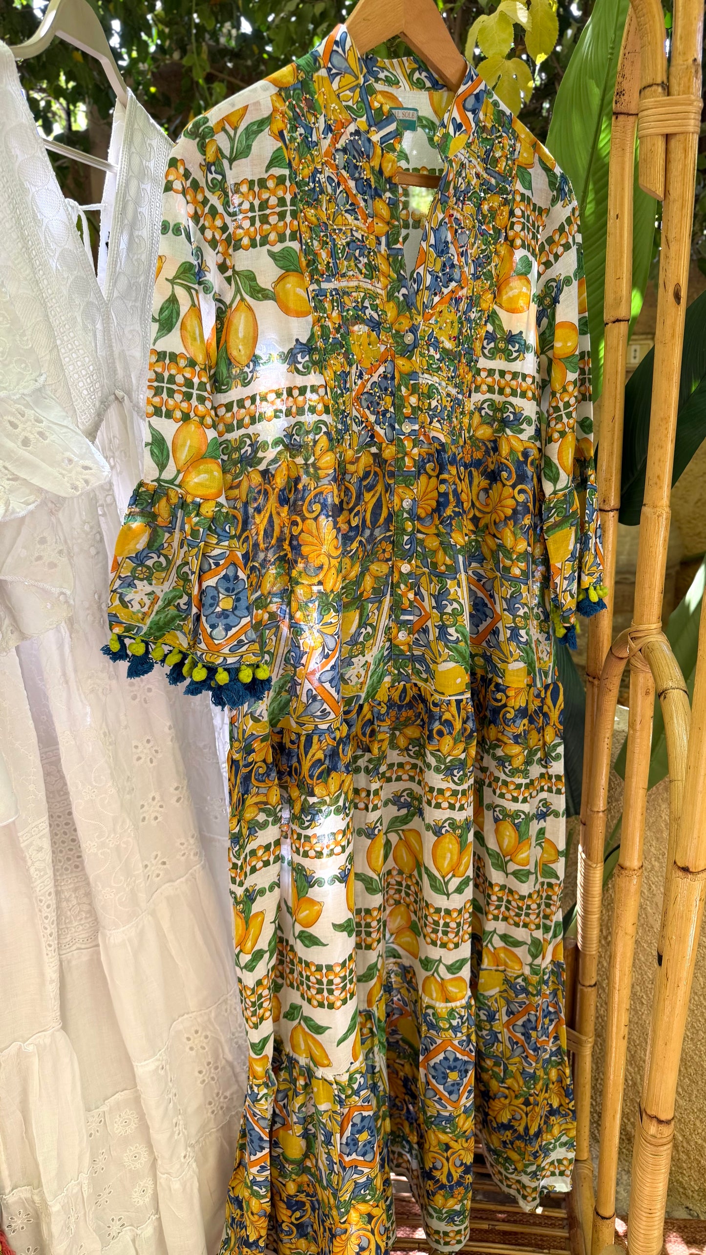The Positano Embroidered Blue Lemon Dress With Tassels