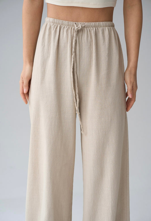 Linen Beige Straight Pants With Elastic Waist