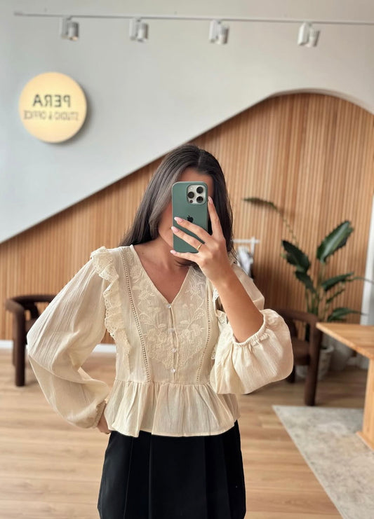 Dantel Detailed Beige Blouse