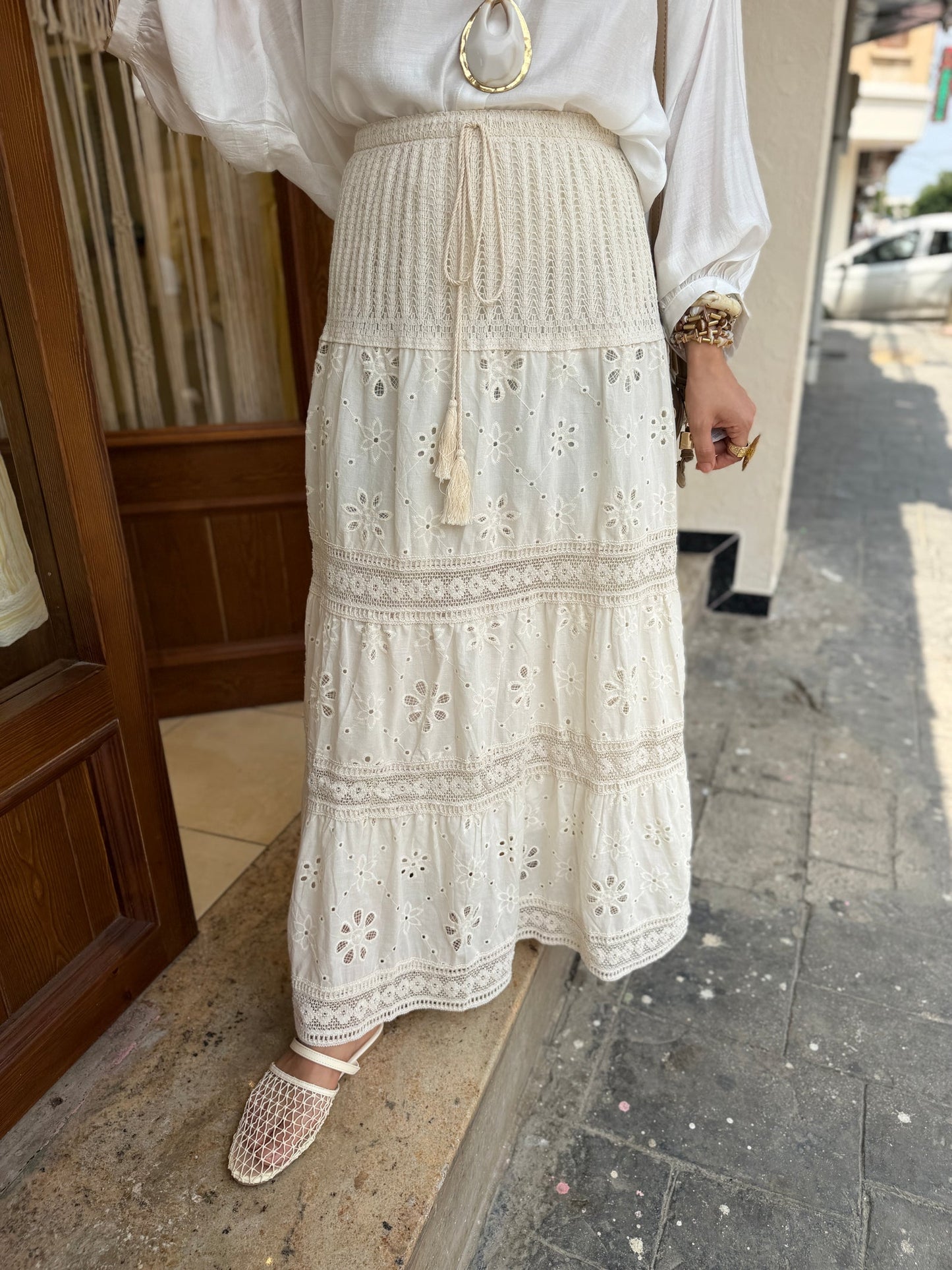 Beige Cut Out Embroidery Floral Skirt With Tassels