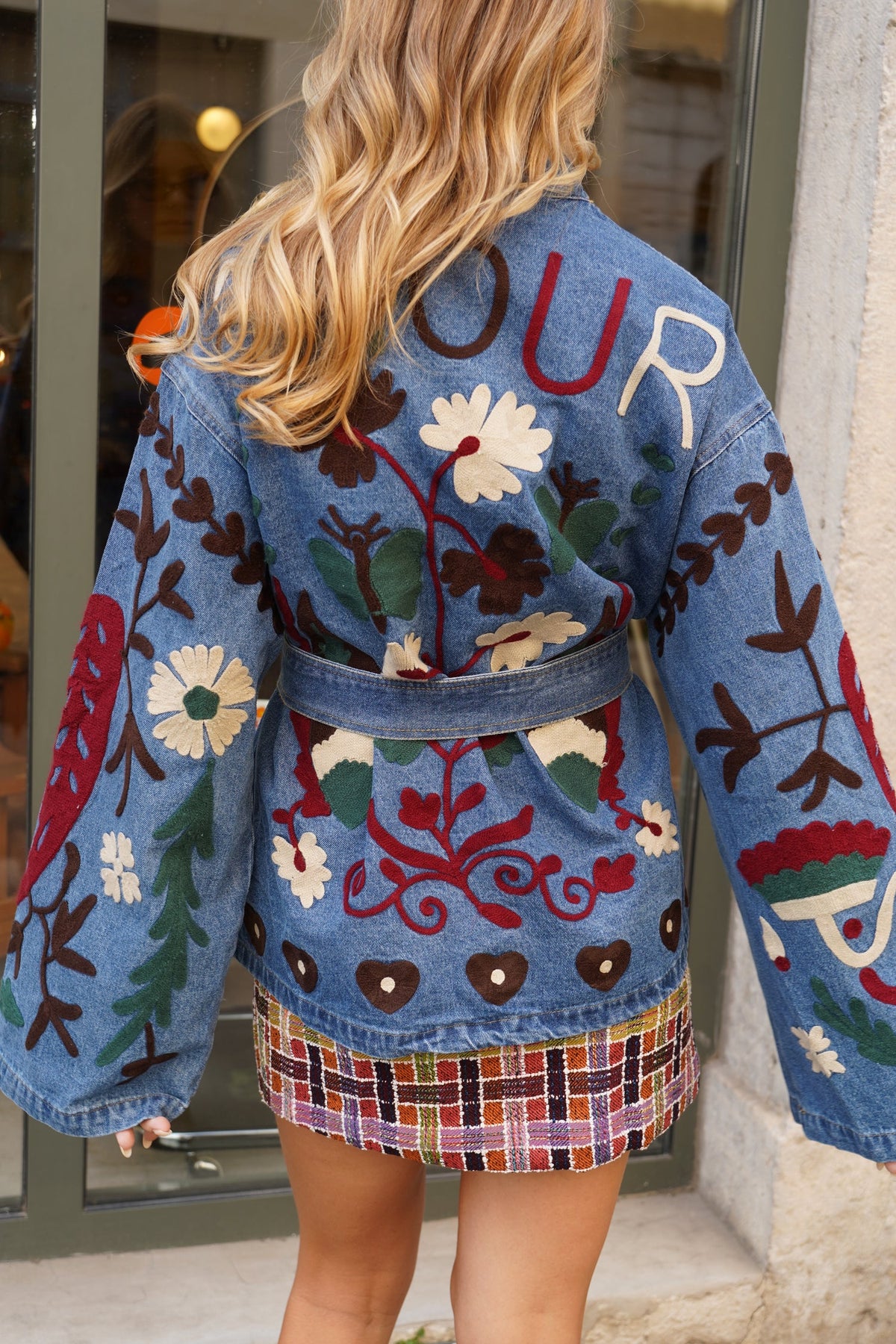 Blue Fully Embroidered Denim Belted Jacket