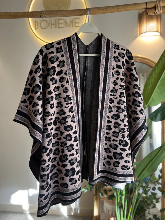 Leopard Camel Poncho With Side Buttons