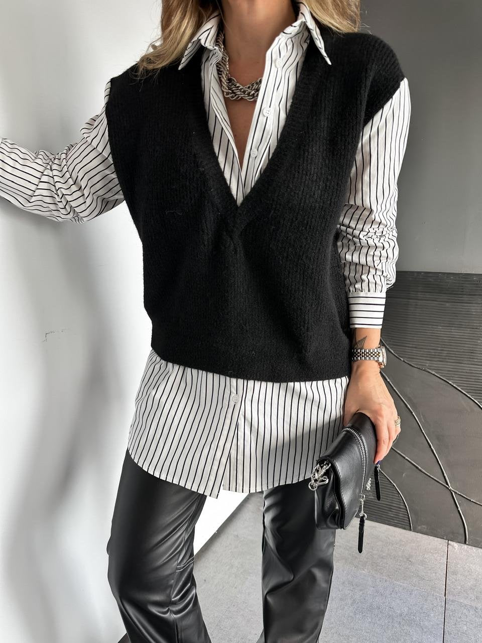 Black V Triko Vest With Striped Black Cotton Shirt (one piece)