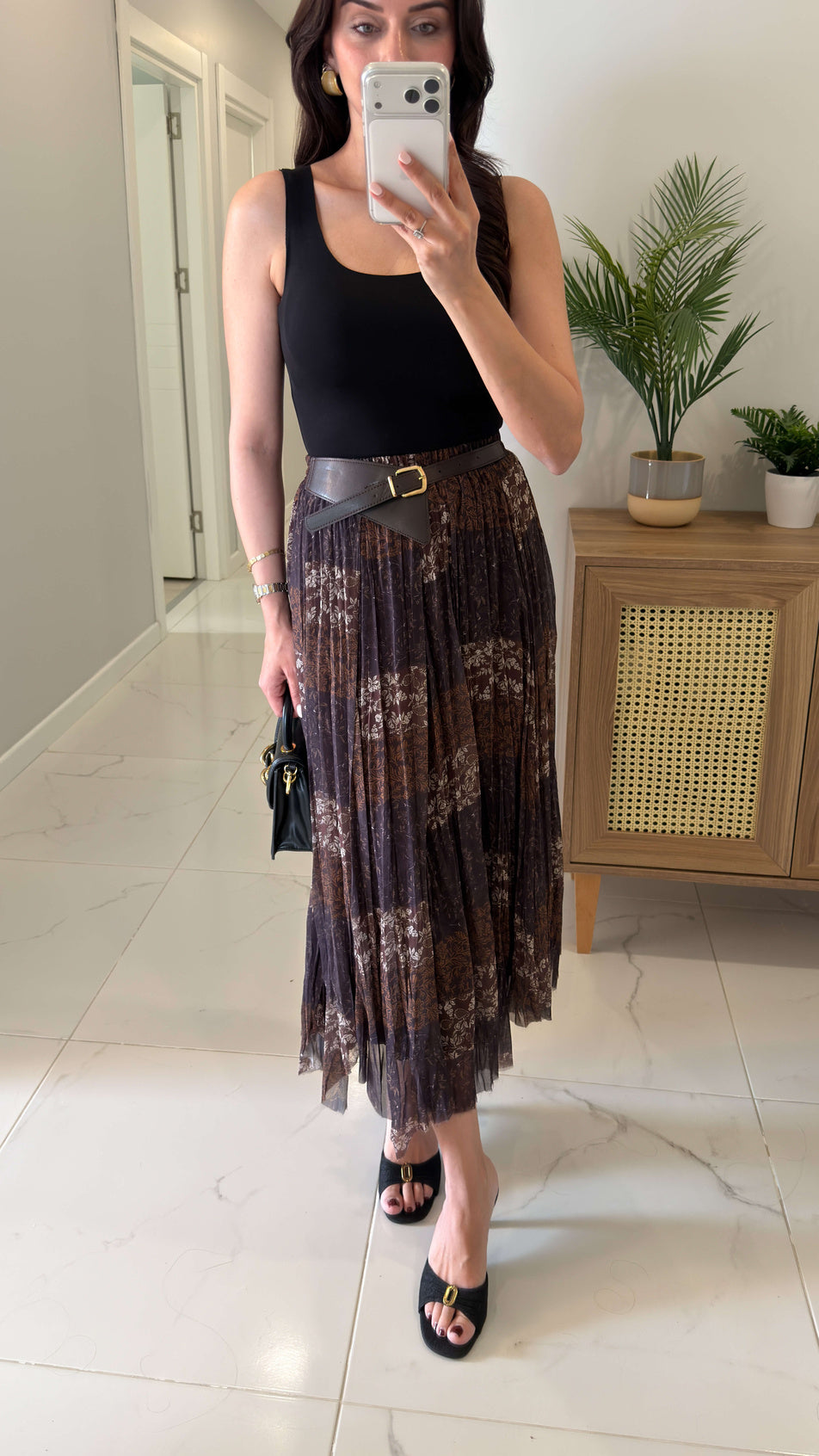 Brown Patchwork Asymmetrical Chiffon Skirt With Leather Belt