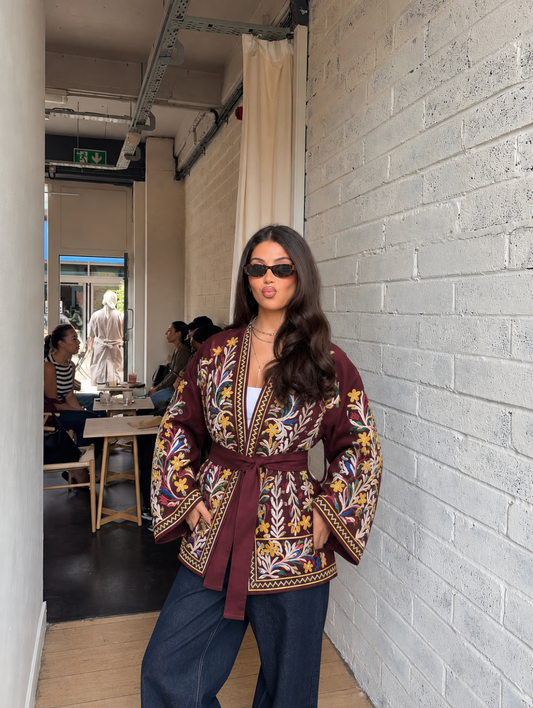 Burgundy Embroidered Gabardine Belted Jacket