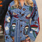 Blue Fully Embroidered Denim Belted Jacket