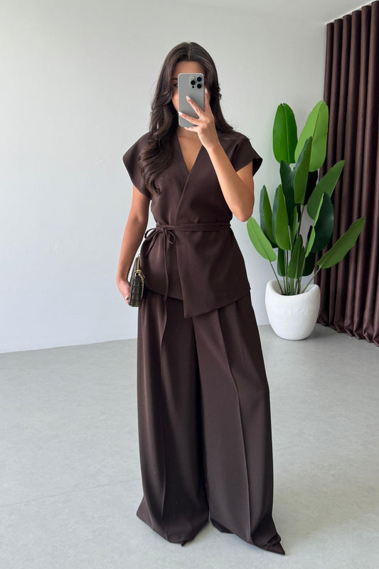 Brown Belted Vest & Wide Leg Pants Set