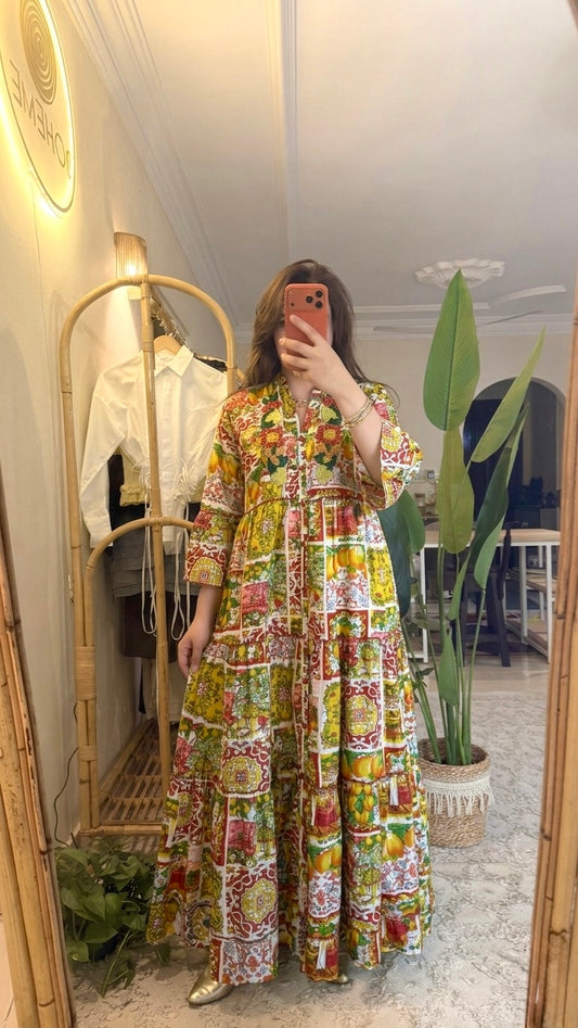 The Positano Embroidered Redish Lemon Dress