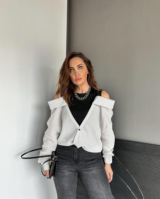 Off Shoulder Striped Blue Shirt With Black Top