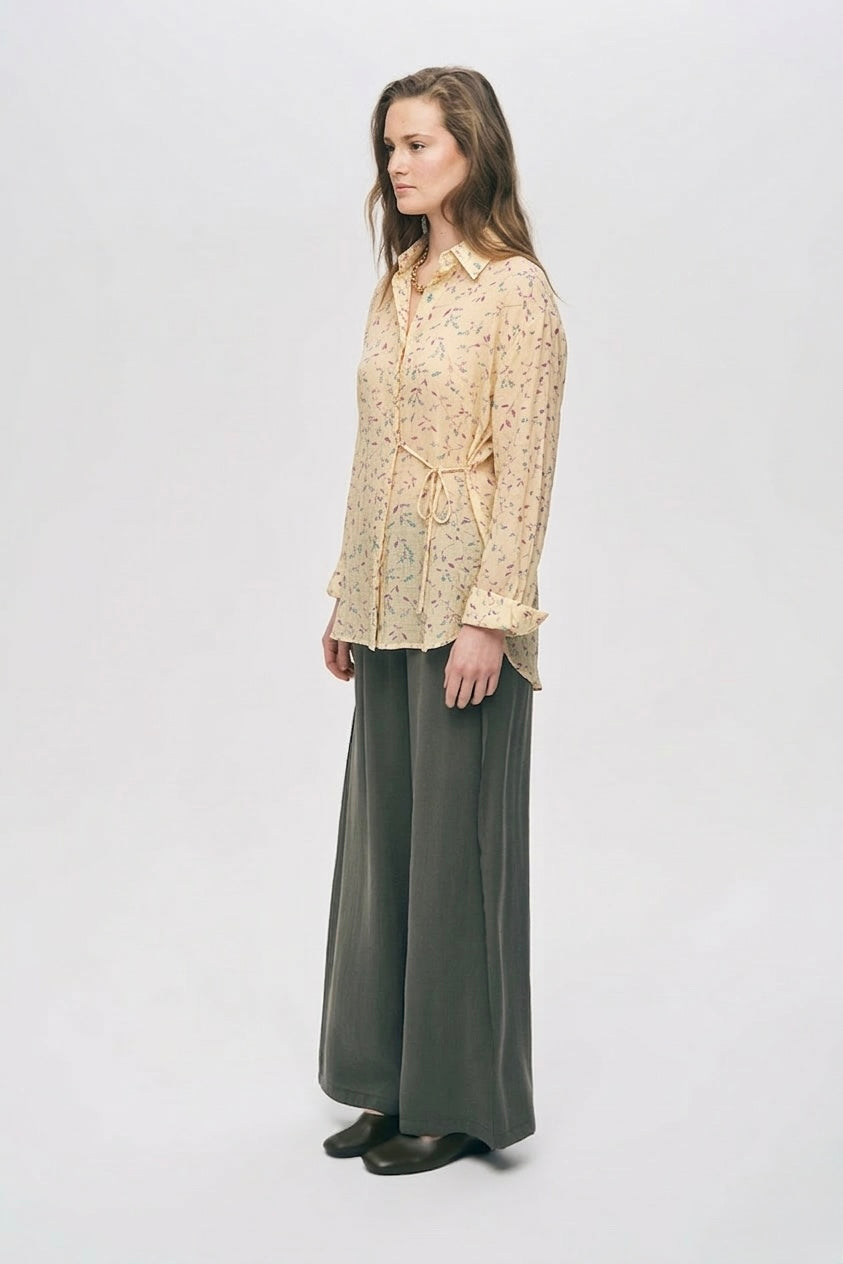 Buttur Yellow Chiffon Floral Shirt With Ties