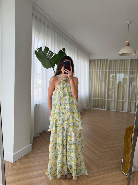 Yellow Lemon Chiffon Ruffles Dress
