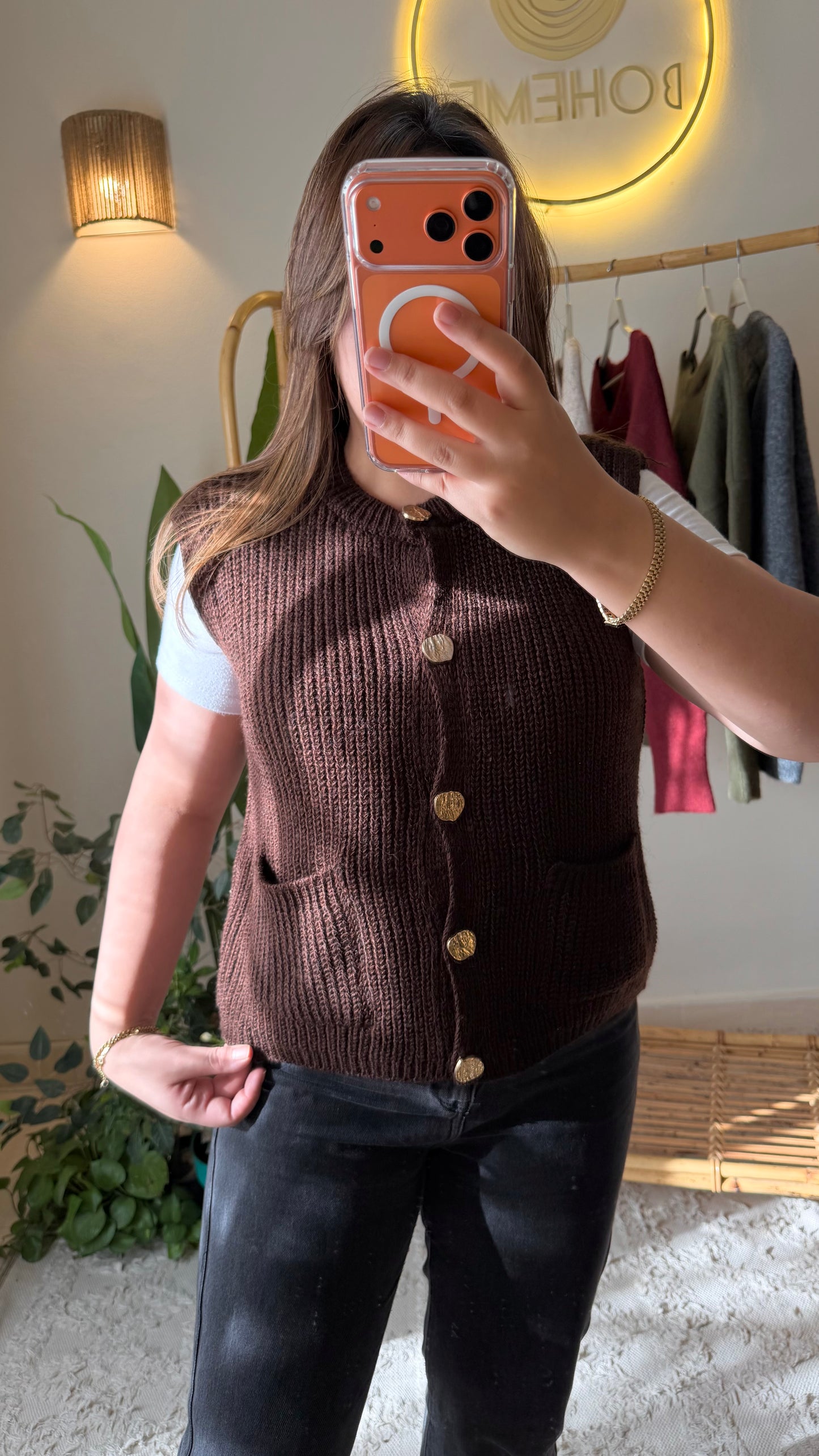 Brown Triko Vest With Pockets & Golden Buttons