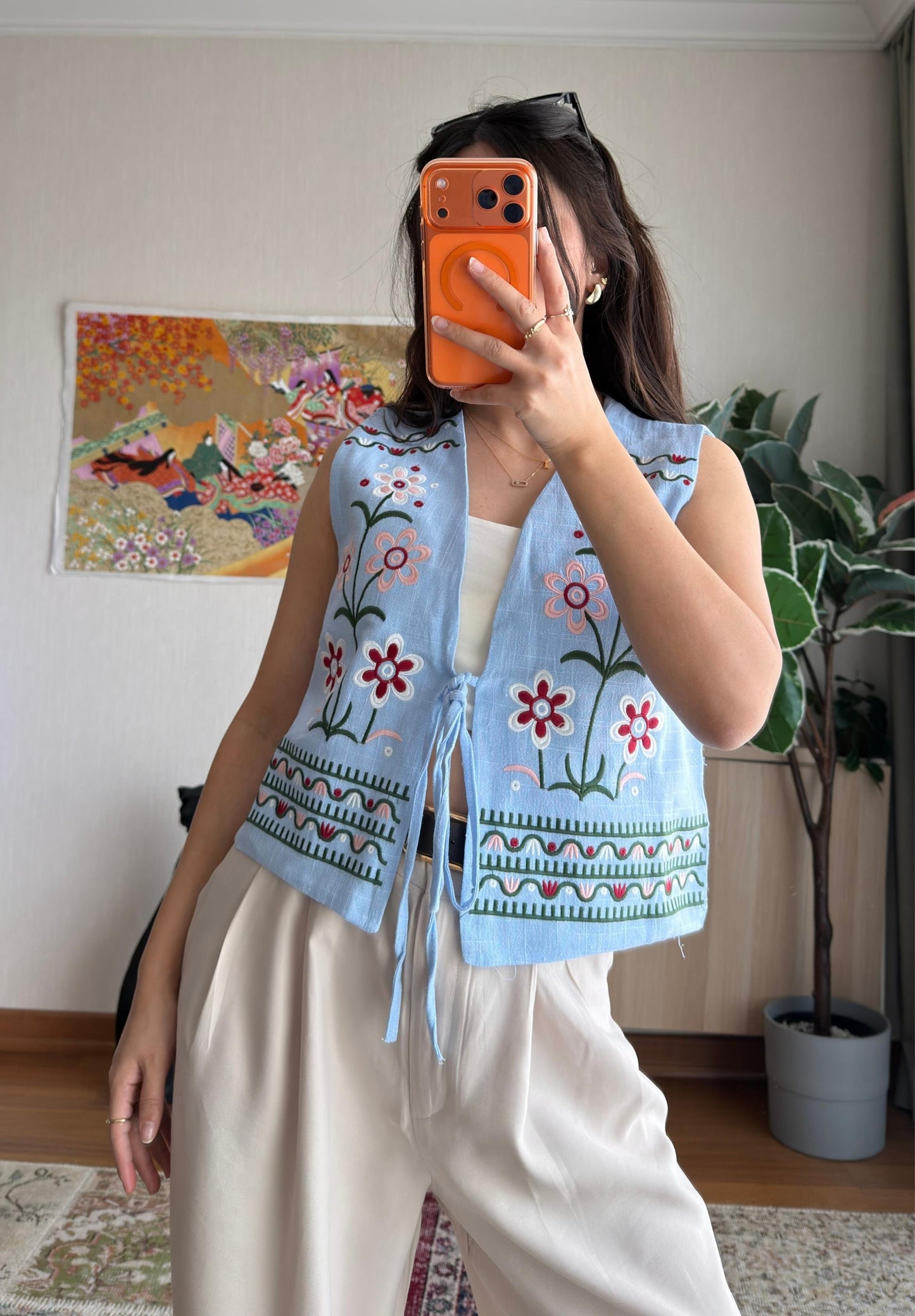 Baby Blue Floral Embroidered Vest