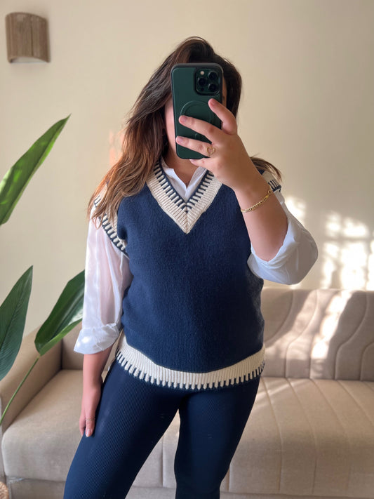 Navy Blue Vest With Embroidered Line