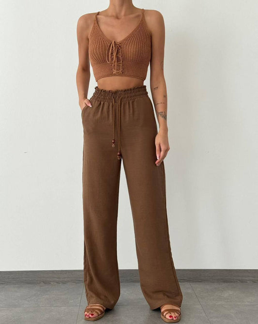 Brown Linen Wide Pants With Elastic Waist