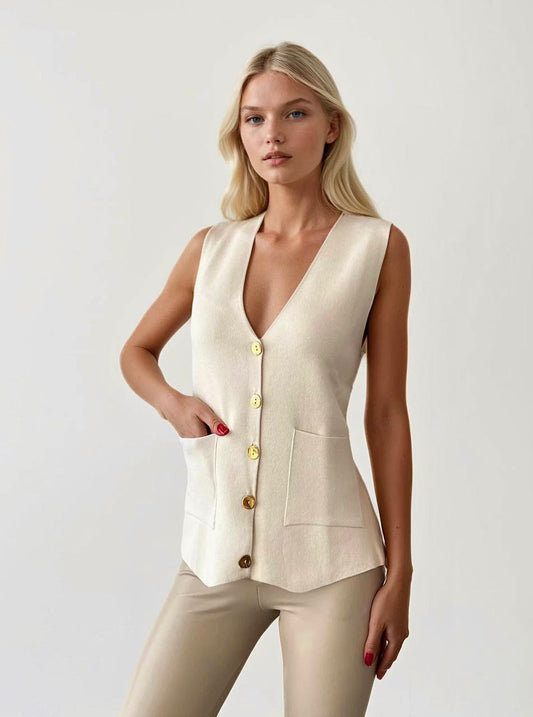 Cream Vest With Golden Buttons & Pockets