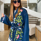 Dark Blue Floral Embroidered Denim Belted Jacket