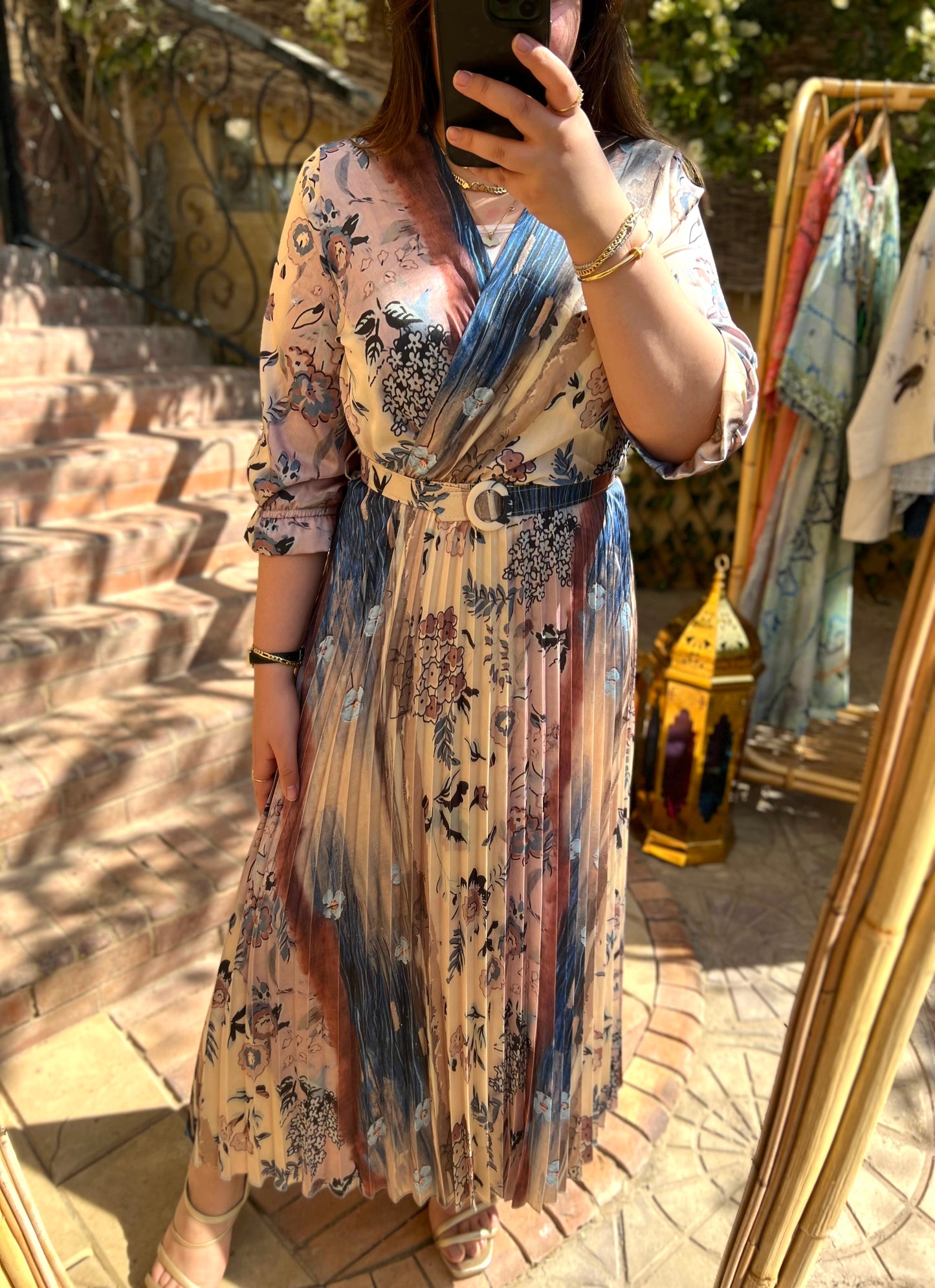 The Floral Pleated Satin Dress With Belt