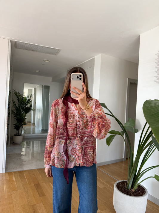 Burgundy Chiffon Vintage Blouse With Ribbons