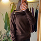 Brown Draped Shoulder Pullover With Silver Appliqué