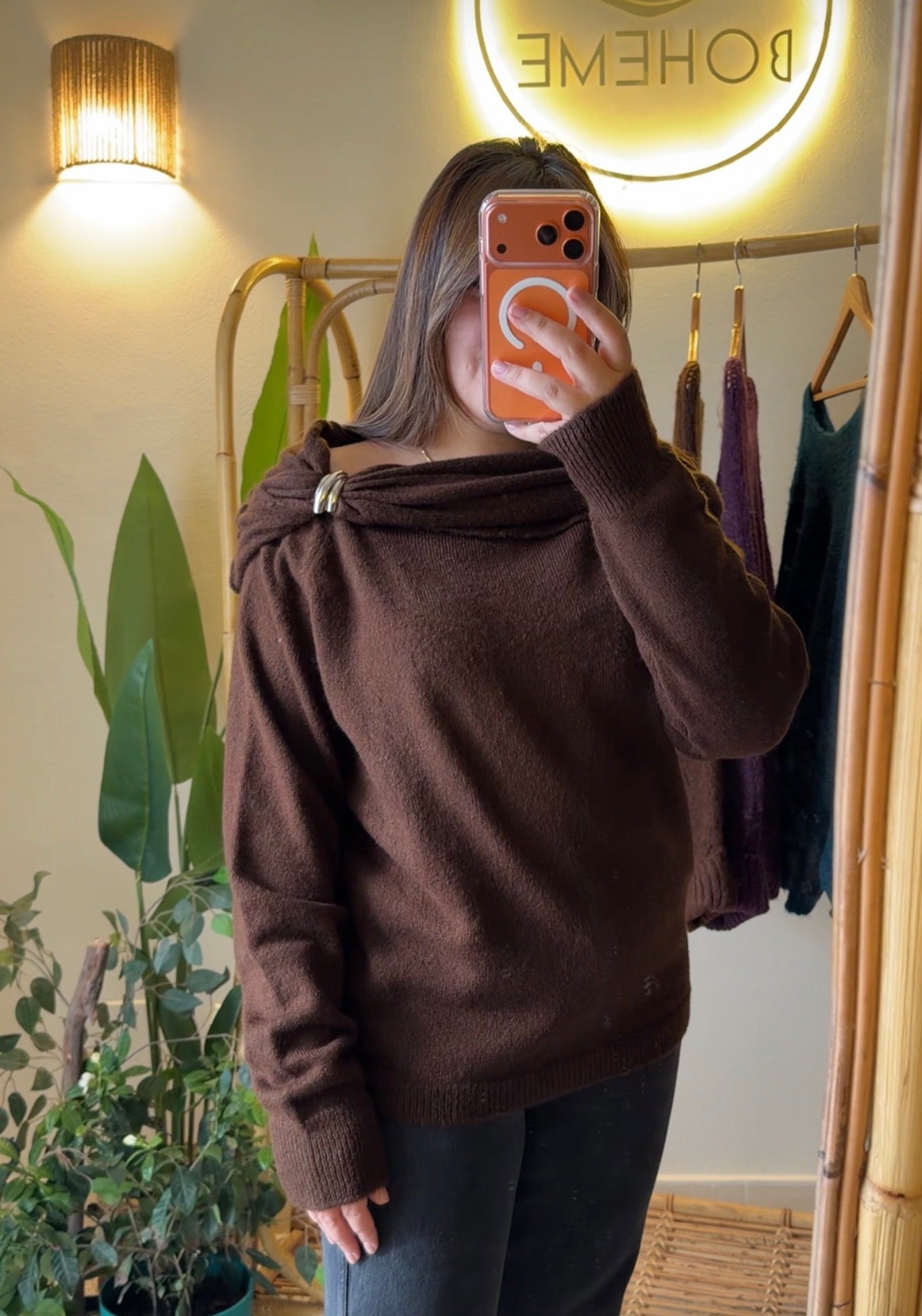 Brown Draped Shoulder Pullover With Silver Appliqué