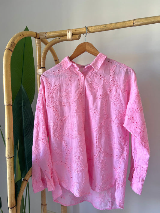 Embroidered Cut Out Pink Regular Fit Shirt