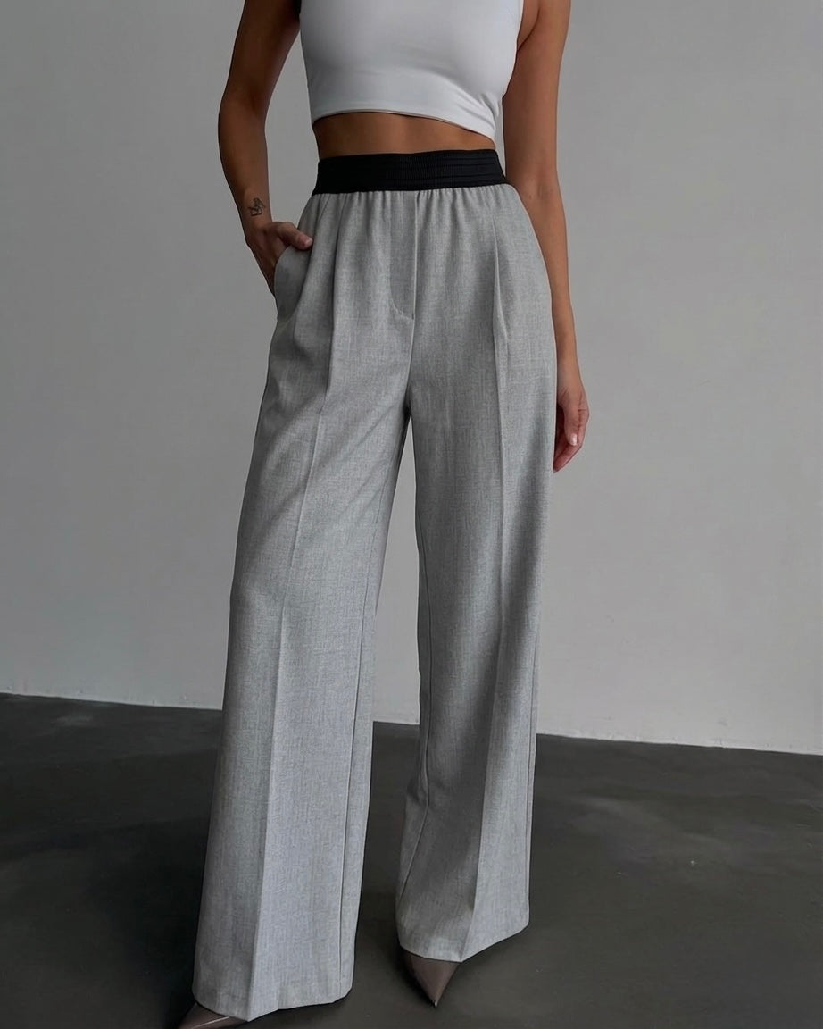 Grey Classic Pants With Black Elastic Waist