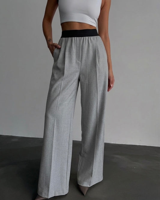 Grey Classic Pants With Black Elastic Waist