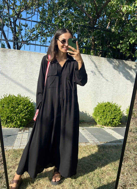 Black Linen Shirt Dress With Pockets