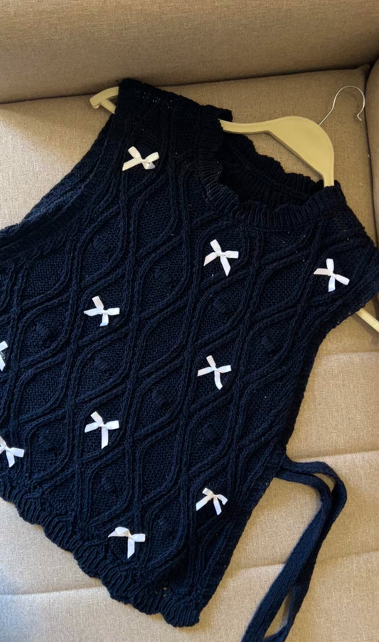 Dark Navy Crochet Vest With Ties & Bows