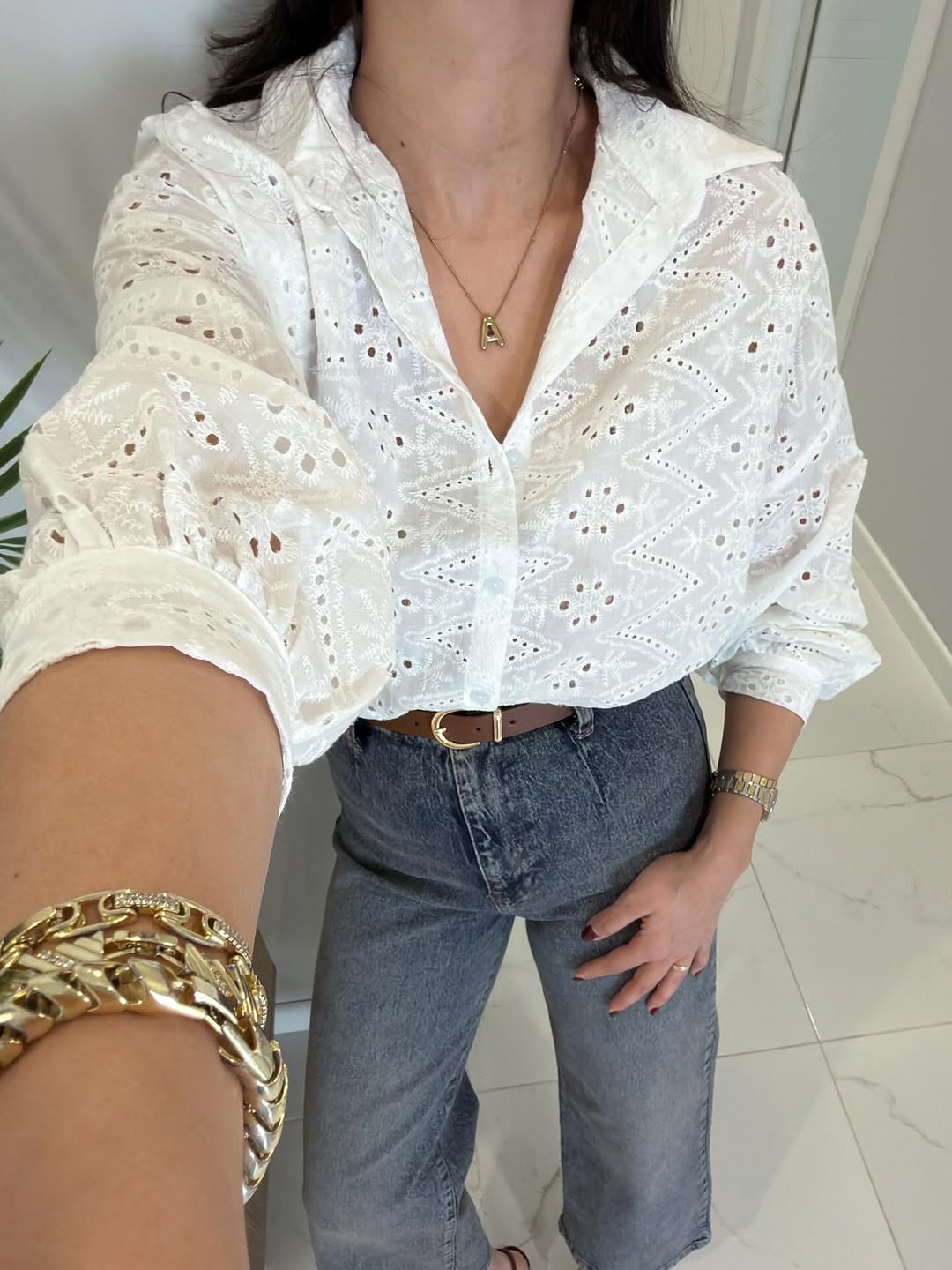 White Embroidered Cut Out Oversized Shirt