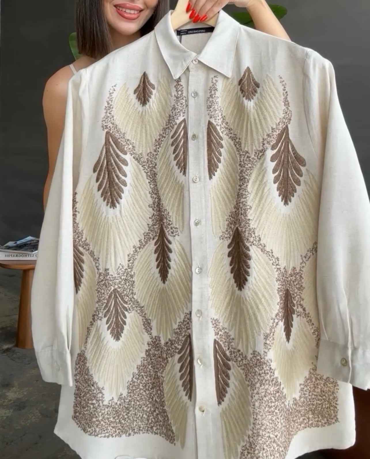 Beige Embroidered Leaves Linen Shirt