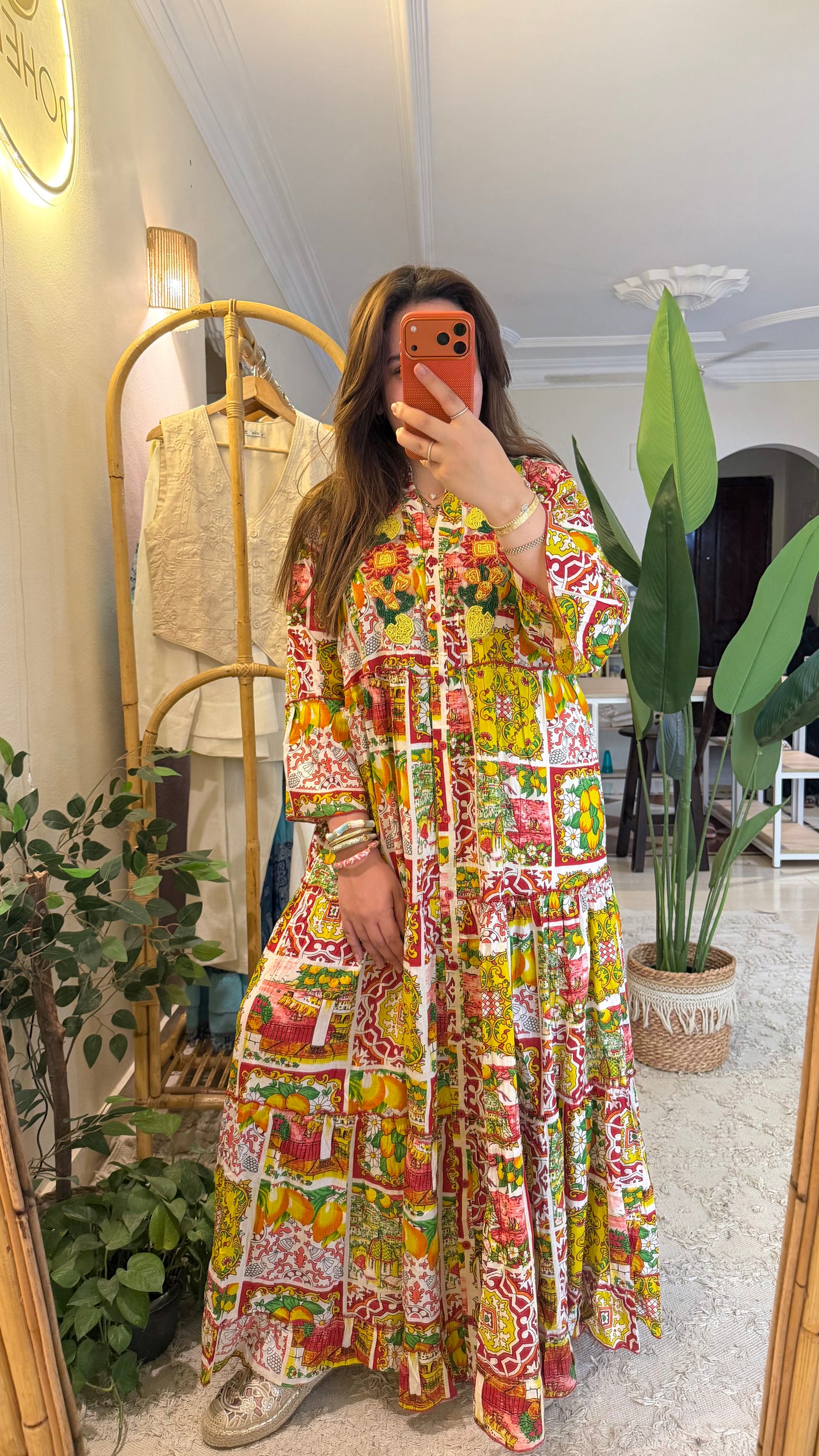 The Positano Embroidered Redish Lemon Dress