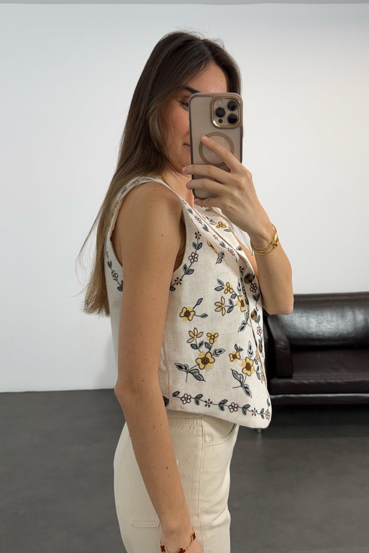 Linen Floral Yellow Embroidered Vest