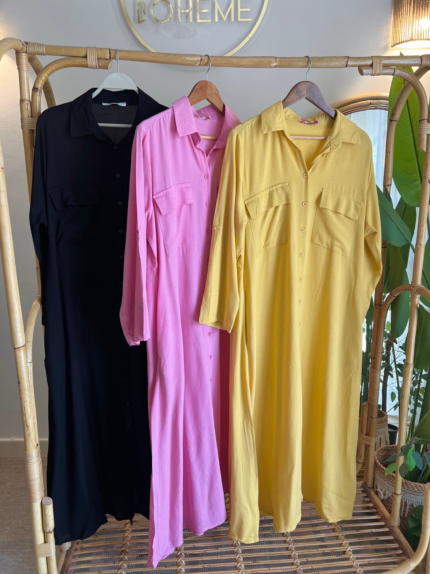 Black Linen Shirt Dress With Pockets
