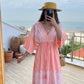 Flamingo Pink X White Floral Embroidered Dress