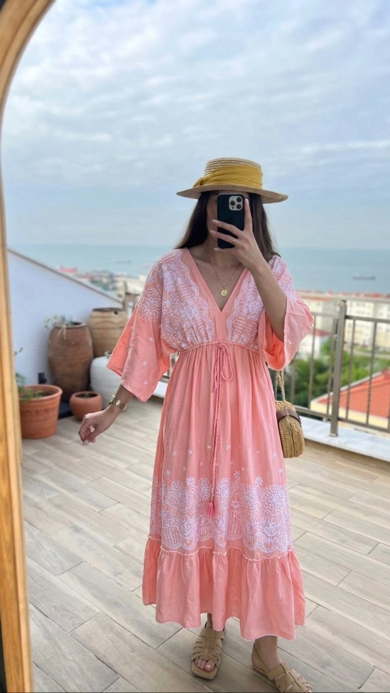 Flamingo Pink X White Floral Embroidered Dress