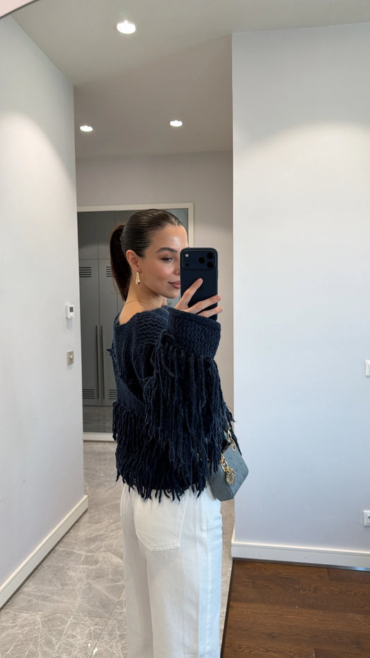 The Boho Fringe Navy Pullover