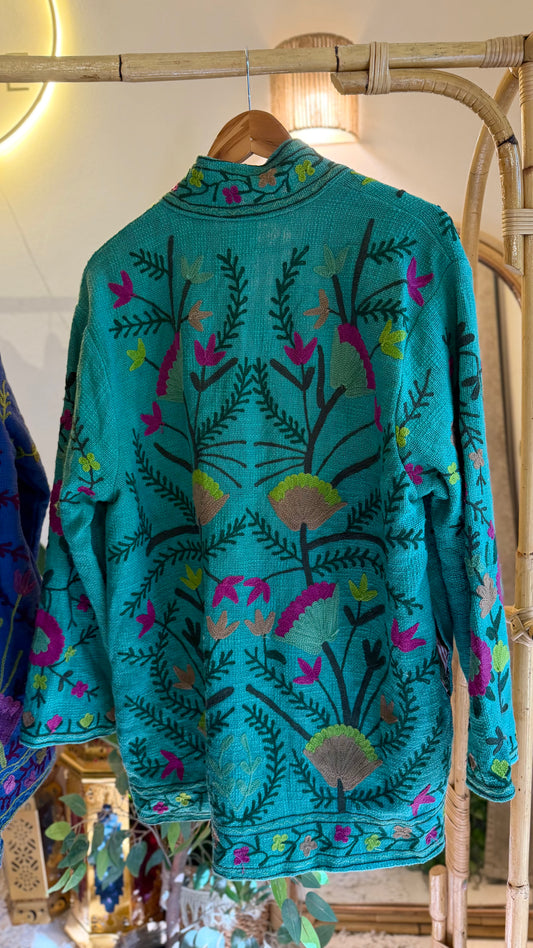 Aqua Green X Fuchsia Suzani Embroidered Long Jacket