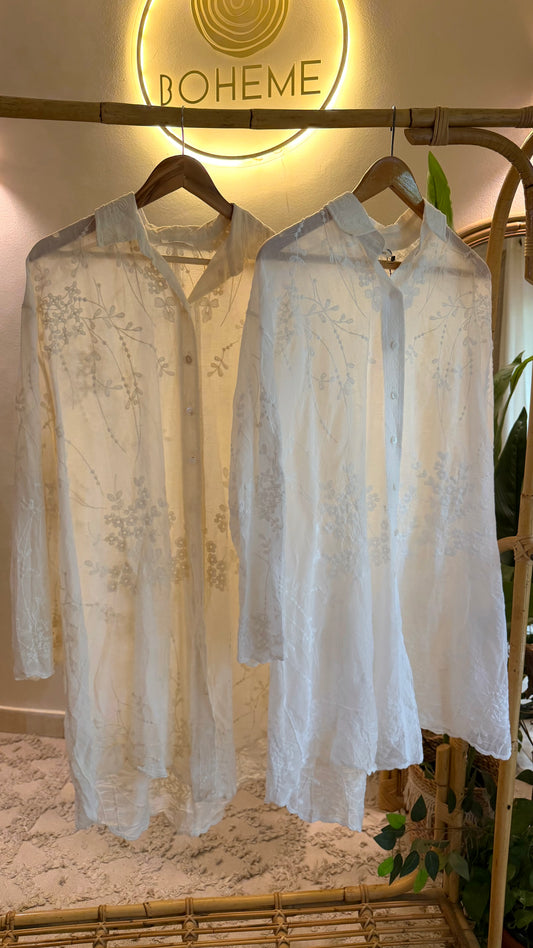 Beige Embroidered Floral Lace Long Shirt