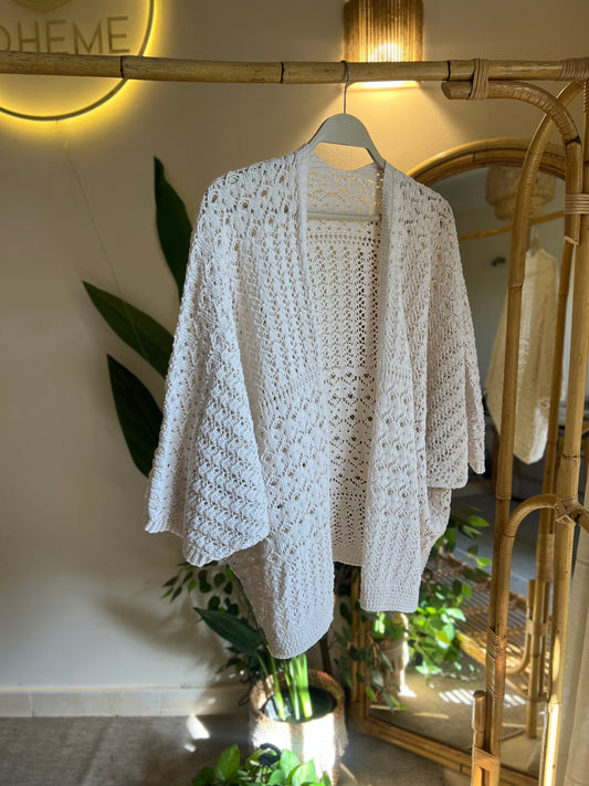 Off White Crochet Butterfly Sleeve Kimono