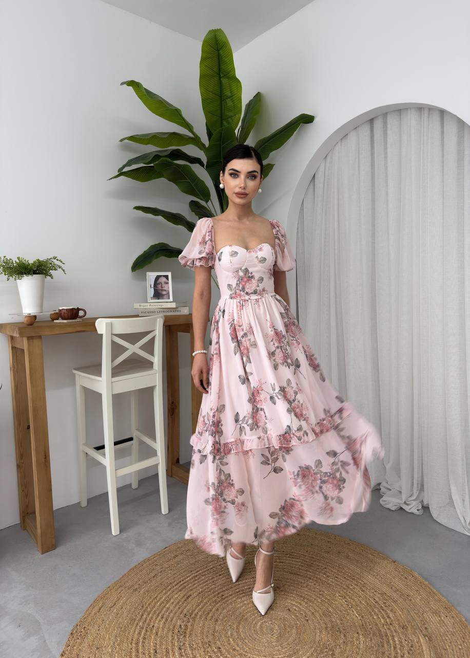 Pink Vintage Chiffon Purfy Sleeves Dress