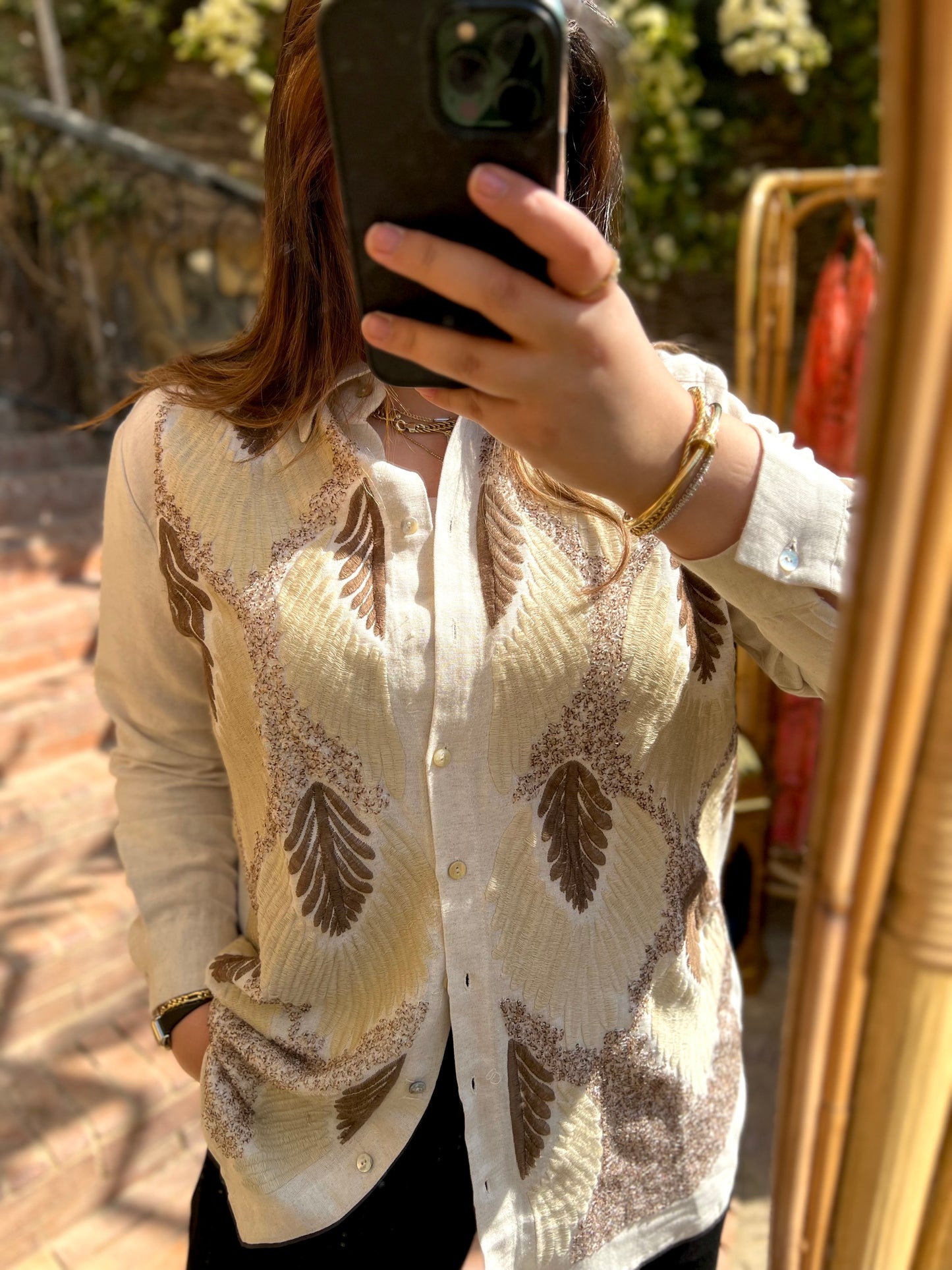 Beige Embroidered Leaves Linen Shirt