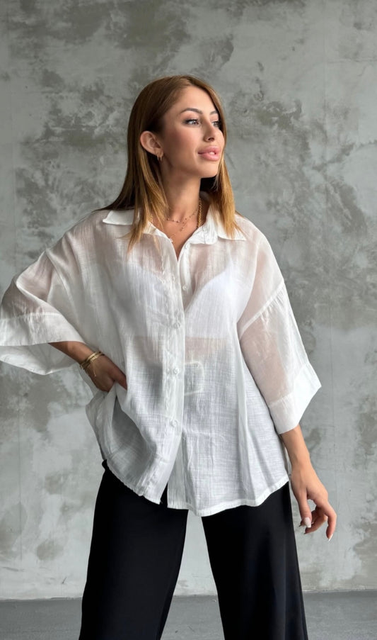 White Oversized 3/4 Sleeve Shirt