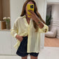 Butter Yellow Striped Linen V Neck Shirt