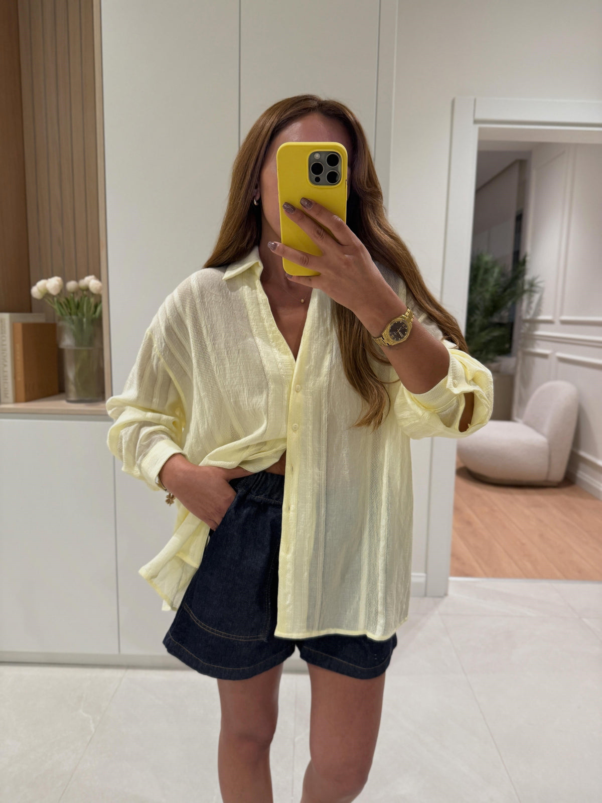 Butter Yellow Striped Linen V Neck Shirt