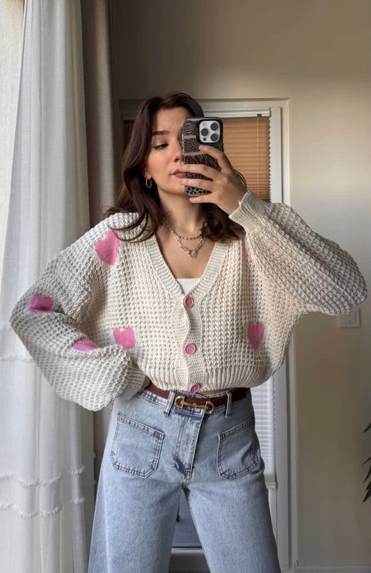 Beige X Pink Heart Triko Cardigan
