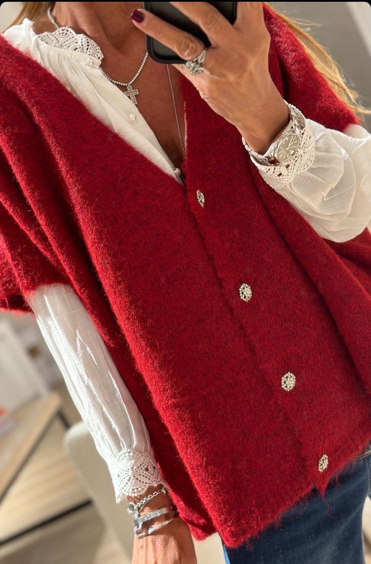 Burgundy Vest With Rhinestone Buttons