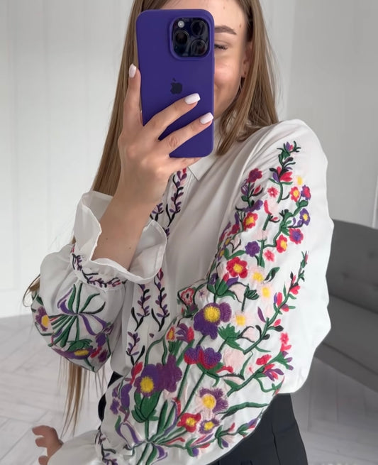 White Floral Embroidered Shirt Blouse